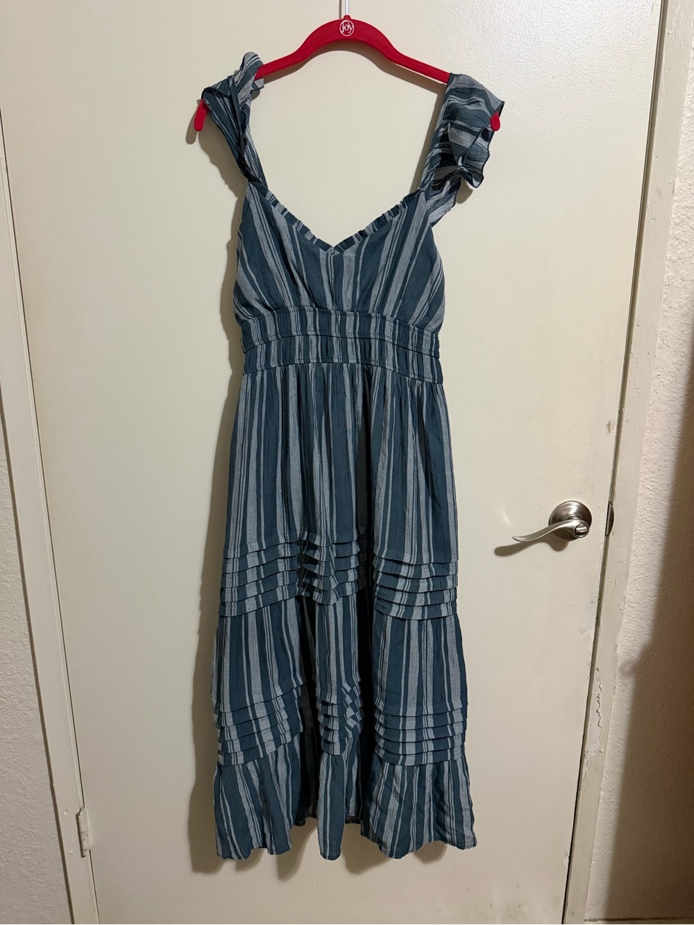 Striped Blue Maxi Dress with Ruffle Shoulder Straps